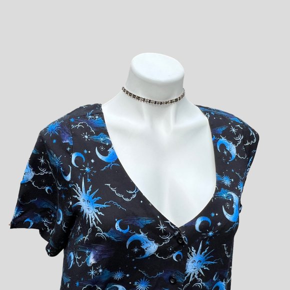 Hot Topic Blue Celestial Button Front Mini Dress Sun Moon Stars Juniors Size SM - Picture 2 of 7